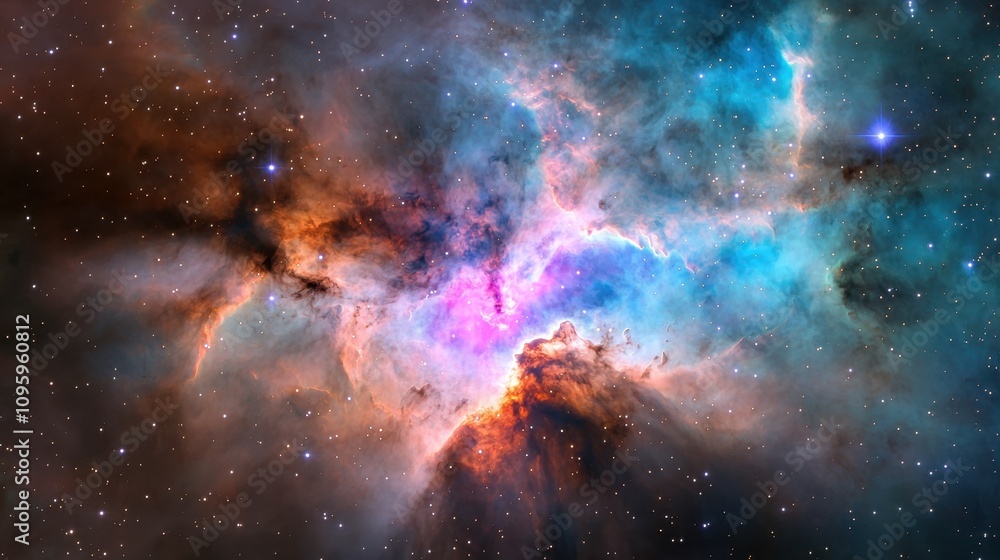Naklejka premium A vibrant cosmic nebula filled with swirling colors of blue, pink, and orange, showcasing the beauty of the universe in a stunning celestial display.