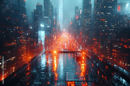 A futuristic cityscape drenched in rain and illuminated by neon lights. photo