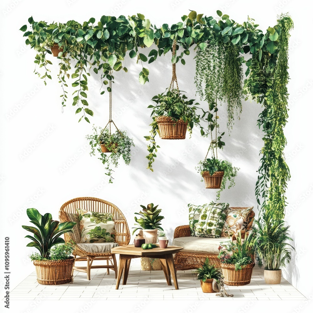 Here's a 10-word description: Lush greenery, wicker furniture, potted plants, Here's a 10-word description: Lush greenery, wicker furniture, potted plants,