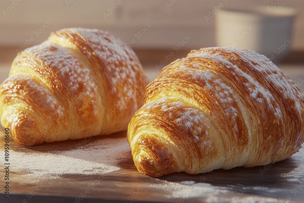 Two golden, flaky croissants dusted with flour, resting on a wooden surface, evoking warmth and fresh baking. Two golden, flaky croissants dusted with flour, resting on a wooden surface, evoking warmth and fresh baking.