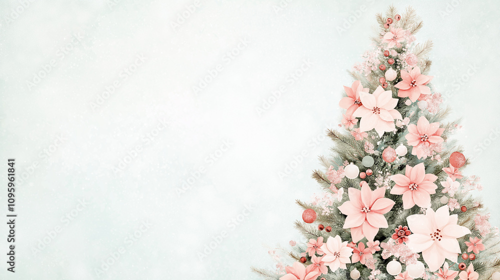 Festive Blush: A delicate and stylish Christmas tree adorned with blush-colored poinsettias and ornaments against a soft blue background. A minimalist and elegant holiday design. Festive Blush: A delicate and stylish Christmas tree adorned with blush-colored poinsettias and ornaments against a soft blue background. A minimalist and elegant holiday design.