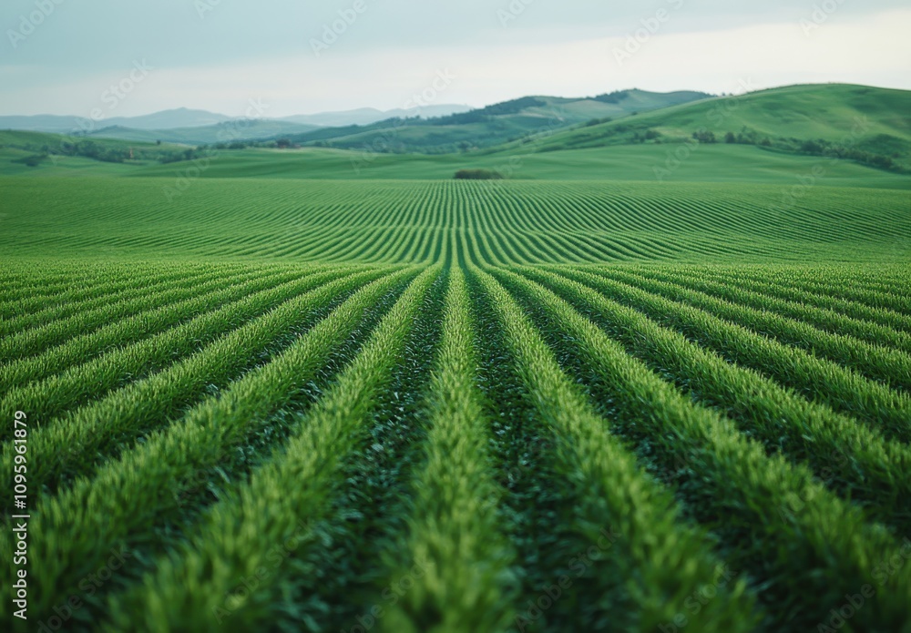 Lush Green Agricultural Landscape Displaying Neatly Rowed Crops Under a Softly Cloudy Sky, Showcasing Vibrant Nature and the Beauty of Farming Techniques Lush Green Agricultural Landscape Displaying Neatly Rowed Crops Under a Softly Cloudy Sky, Showcasing Vibrant Nature and the Beauty of Farming Techniques