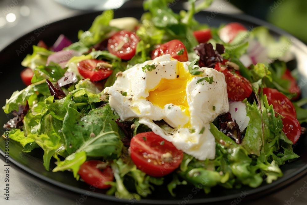 Fresh mixed green salad topped with a perfectly poached egg and cherry tomatoes, served on a black plate. Fresh mixed green salad topped with a perfectly poached egg and cherry tomatoes, served on a black plate.