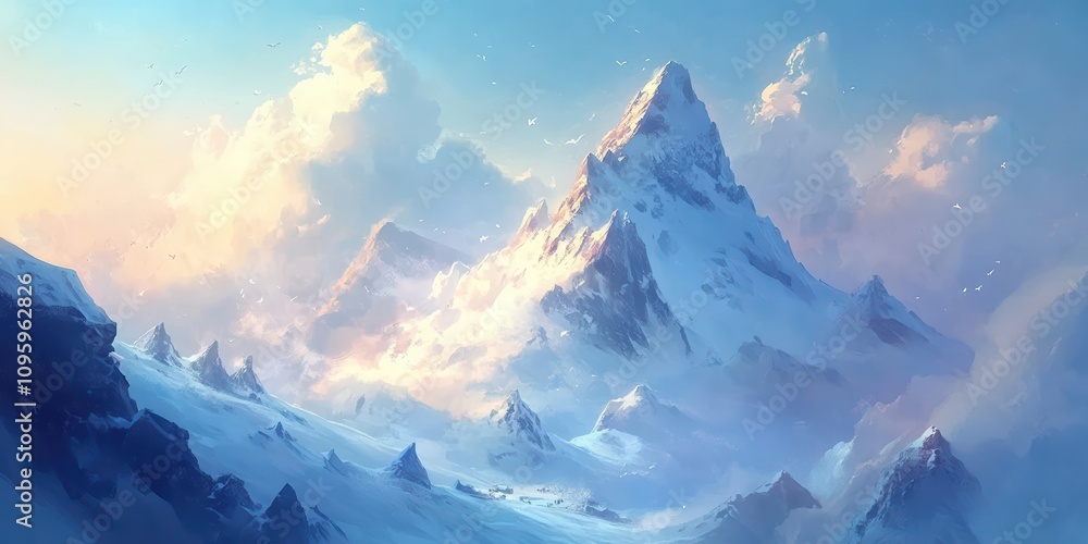 Stunning Snow-Capped Mountain Landscape Under a Serene Sky with Soft Clouds and Gentle Sunlight Illuminating the Majestic Peaks and Snowy Terrain Stunning Snow-Capped Mountain Landscape Under a Serene Sky with Soft Clouds and Gentle Sunlight Illuminating the Majestic Peaks and Snowy Terrain