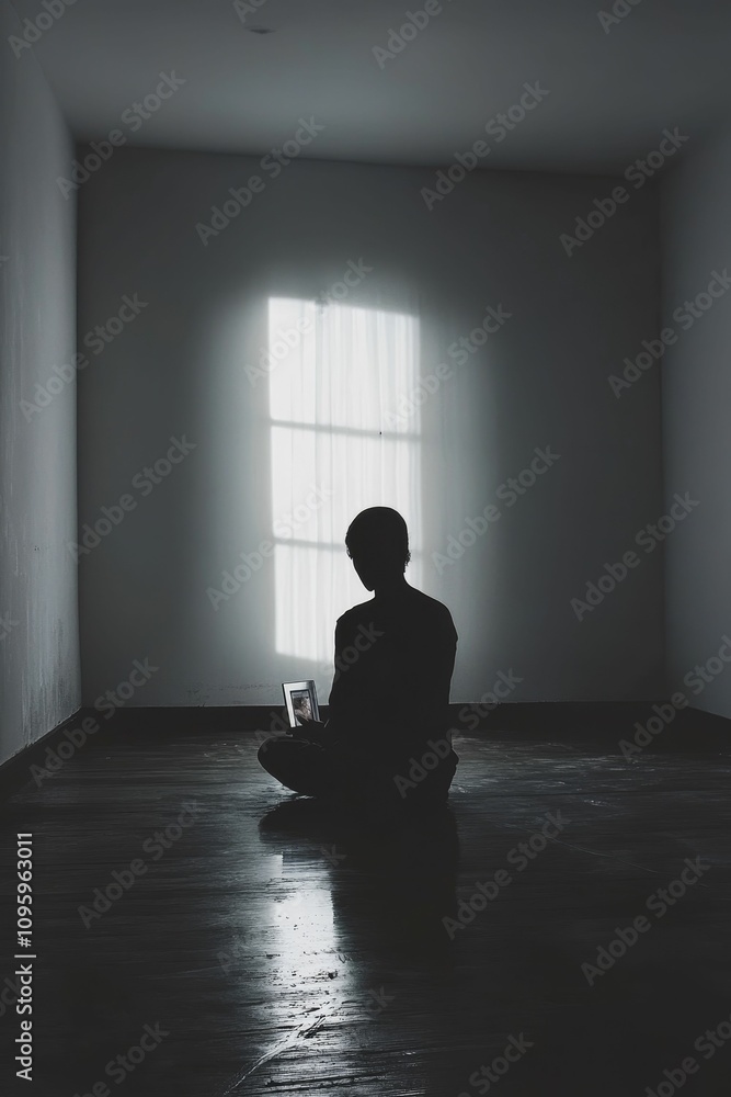 Silhouette sits floor, holding photo, somber room. Silhouette sits floor, holding photo, somber room.