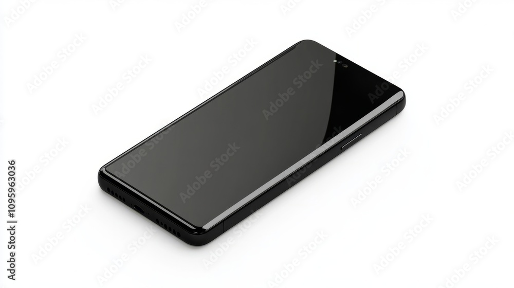 Realistic smartphone in jet black, blank display, placed on a white background for UI design presentations Realistic smartphone in jet black, blank display, placed on a white background for UI design presentations
