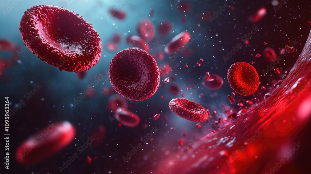 3D medical illustration of an artery with cholesterol plaques, showing red blood cells being blocked and blood flow restricted due to the blockage 3D medical illustration of an artery with cholesterol plaques, showing red blood cells being blocked and blood flow restricted due to the blockage