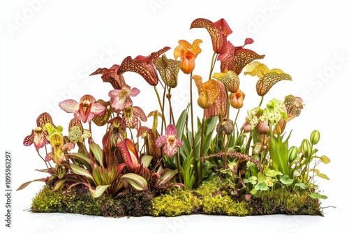 Exotic pitcher plants, vibrant colors, mossy base. photo