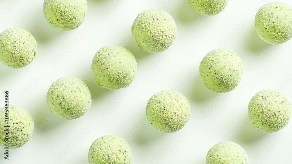 A clean shot of pistachio ice cream balls against a pure white backdrop, highlighting their creamy texture and the fresh green pistachio color A clean shot of pistachio ice cream balls against a pure white backdrop, highlighting their creamy texture and the fresh green pistachio color