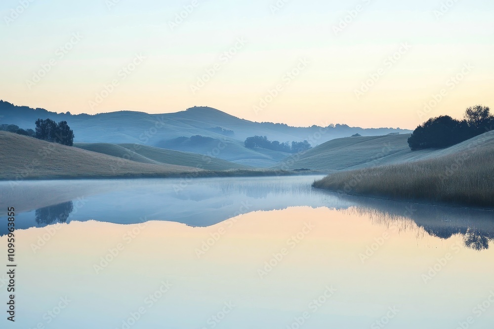 Fototapeta premium Serene sunrise, tranquil lake mirroring rolling hills.