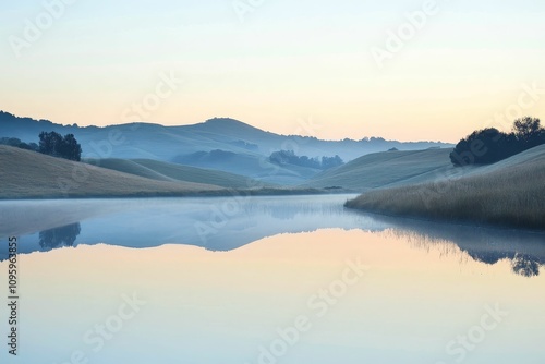 Wallpaper Mural Serene sunrise, tranquil lake mirroring rolling hills. Torontodigital.ca