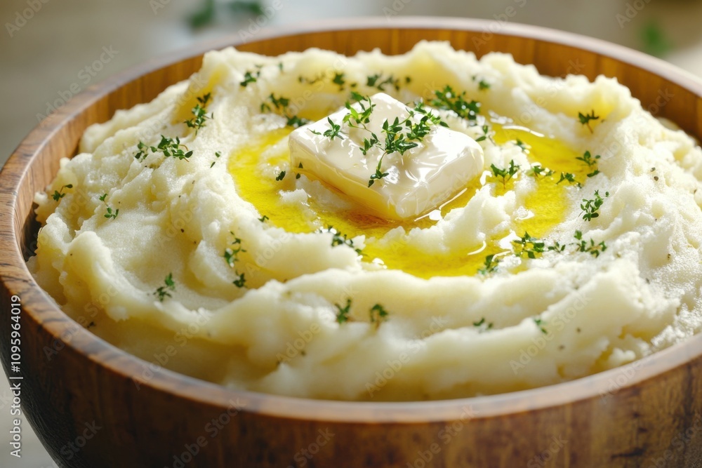 Creamy mashed potatoes with a pat of butter and fresh herbs in a wooden bowl, perfect for a cozy meal. Creamy mashed potatoes with a pat of butter and fresh herbs in a wooden bowl, perfect for a cozy meal.