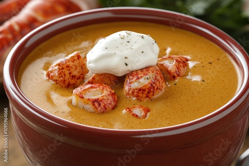 A delicious bowl of lobster bisque garnished with fresh lobster pieces and a dollop of cream. photo