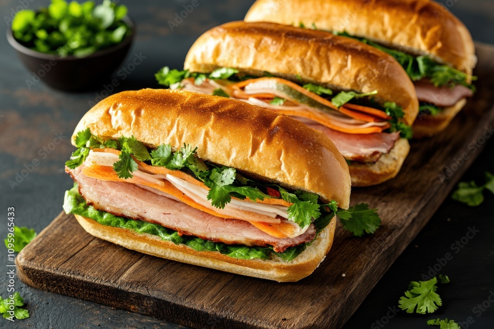 Three delicious Vietnamese banh mi sandwiches filled with fresh vegetables, herbs, and sliced meat. Three delicious Vietnamese banh mi sandwiches filled with fresh vegetables, herbs, and sliced meat.