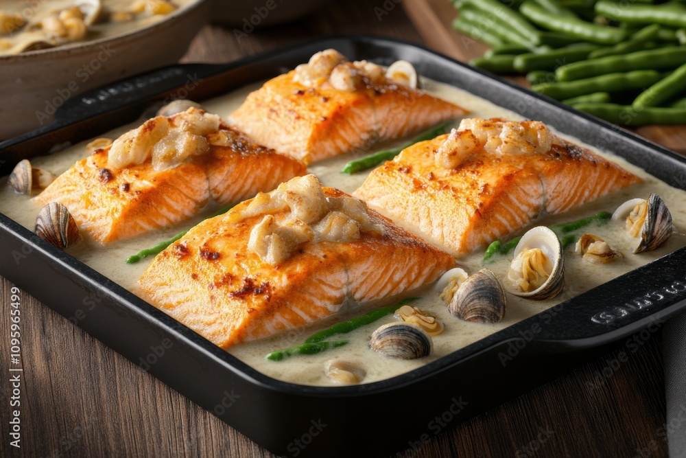 Delicious grilled salmon fillets topped with garlic clams in a creamy sauce, served with green beans. Delicious grilled salmon fillets topped with garlic clams in a creamy sauce, served with green beans.