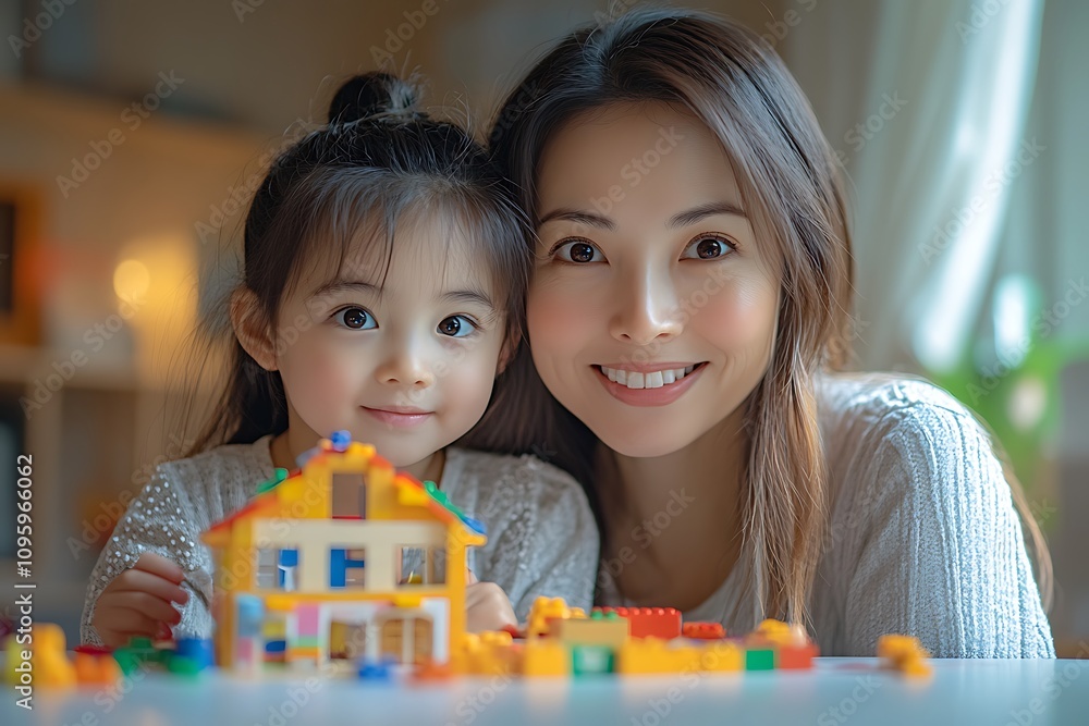 Mother and daughter building a toy house together. Mother and daughter building a toy house together.