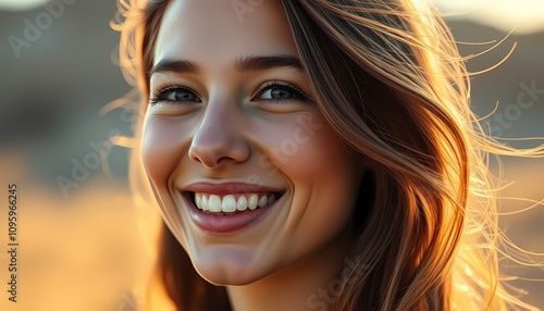 Joyful moment of a young woman smiling in nature at golden hour photography outdoor close-up happiness concept