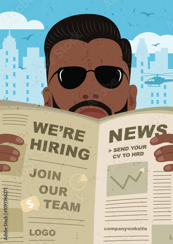 Hiring poster with a man holding a newspaper on the silhouette background of the city