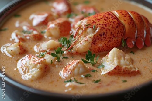 A vibrant bowl of lobster bisque garnished with fresh herbs and pieces of lobster meat. photo