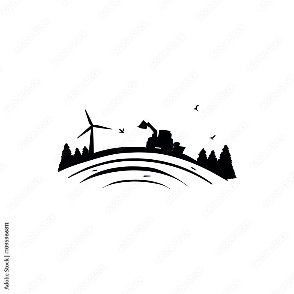 Fototapeta premium tractor plows the field vector silhouette logo. hill field landscape with tractor and fir trees, windmills vector silhouette sketch