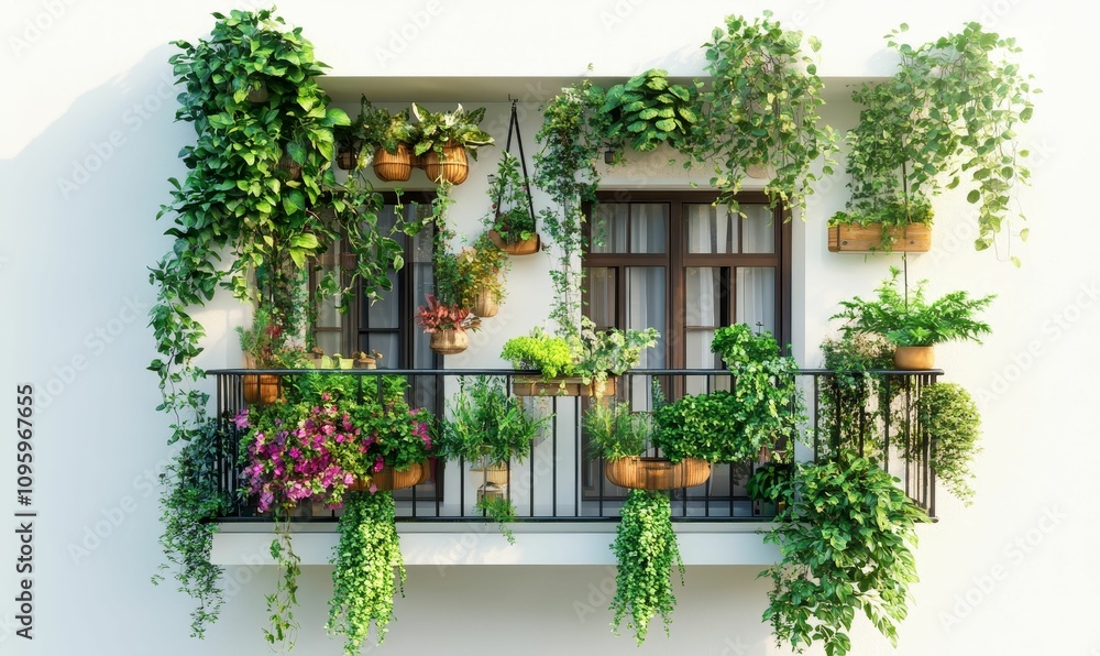 Naklejka premium Lush balcony garden with many plants.