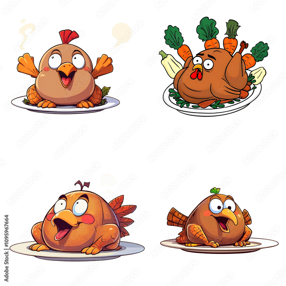 Isolated cartoon roast turkey set on a platter with a funny expression, wide eyes and a slightly embarrassed look, as if it’s aware of its fate. Garnished with animated vegetables Isolated cartoon roast turkey set on a platter with a funny expression, wide eyes and a slightly embarrassed look, as if it’s aware of its fate. Garnished with animated vegetables