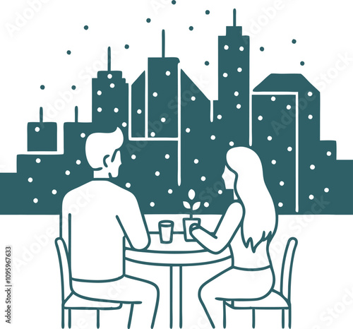 Couples lunch in restaurant romantic date flat blue linear character Candle light dinner vector art generated Ai