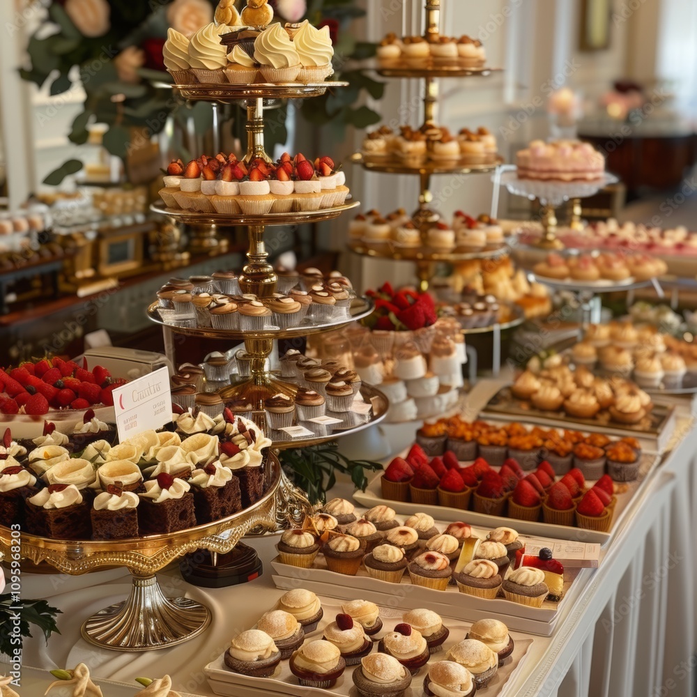 Luxurious Dessert Buffet Display Featuring Cupcakes, Macarons, Pastries, and Cakes on Elegant Tiered Stands for a Grand Celebration Luxurious Dessert Buffet Display Featuring Cupcakes, Macarons, Pastries, and Cakes on Elegant Tiered Stands for a Grand Celebration