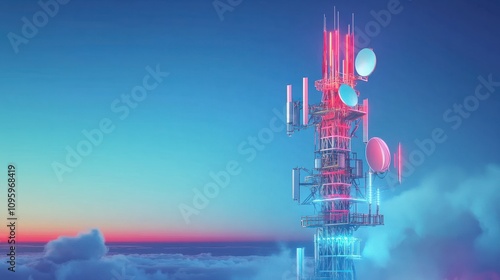 Telecommunication tower, broadcast pole, telephone transceiver or antenna with blue sky. Radio and satellite pole. Communication technology. Telecommunication industry. Mobile or telecom 4g 5g networ photo