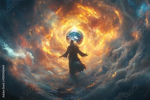 Wallpaper Mural A divine figure silhouetted against a fiery cosmos, arms outstretched towards the Earth. Torontodigital.ca