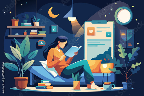 Serene Evening Reading Session: Woman Enjoying a Book Indoors