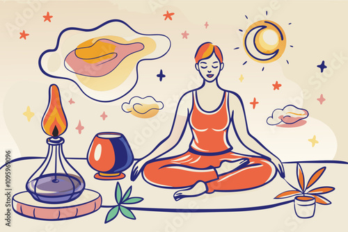 Serene Woman Practicing Meditation with Aromatherapy and Planets Illustration