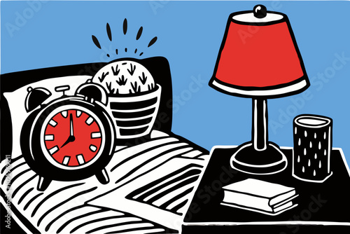 Vibrant Bedroom Illustration with Alarm Clock and Bedside Lamp