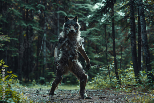 Scary werewolf creature standing on two legs in forest photo