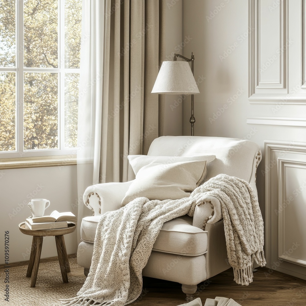 Cozy armchair, blanket, lamp, book, window. Cozy armchair, blanket, lamp, book, window.