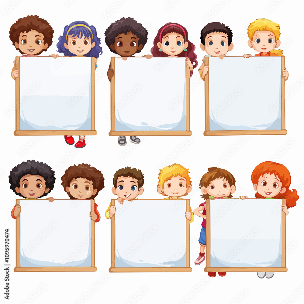 Six Kids Holding Empty Signages Illustration Six Kids Holding Empty Signages Illustration