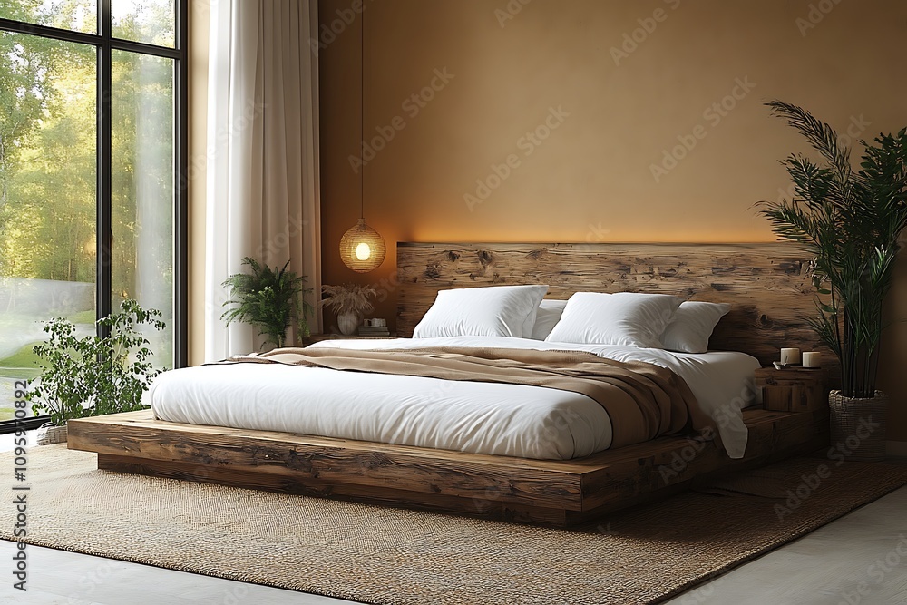 Fototapeta premium Modern bedroom interior with wooden bed