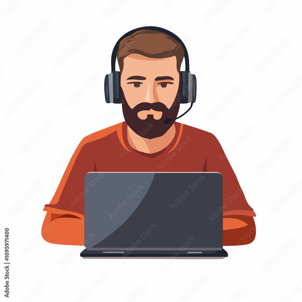 Modern Concept of Technology with Man Using Laptop, Headphones in Data Center Icon Modern Concept of Technology with Man Using Laptop, Headphones in Data Center Icon