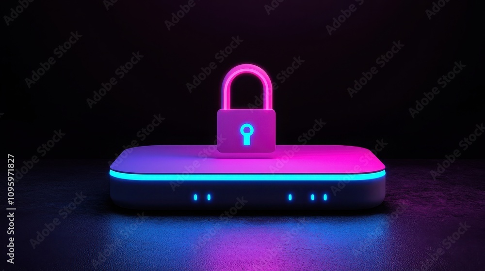 Anti tracking security concept. A modern device with a glowing base and a lock symbol, emphasizing security and technology in a vibrant, dark setting. Anti tracking security concept. A modern device with a glowing base and a lock symbol, emphasizing security and technology in a vibrant, dark setting.