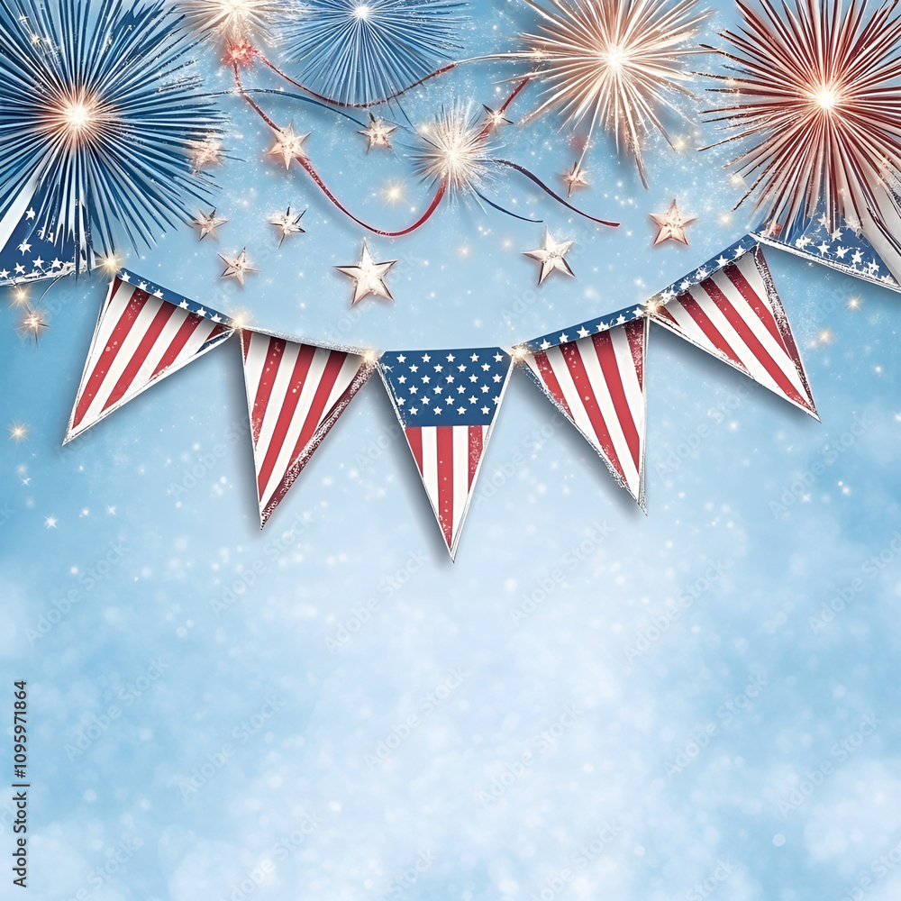 Obraz premium Patriotic decoration with American flag bunting and fireworks on blue background 
