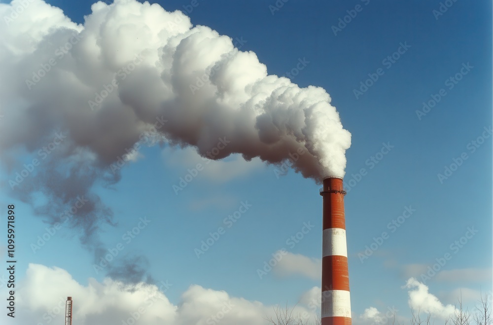 Tall industrial smokestack releasing thick white smoke into a bright blue sky with fluffy clouds, illustrating environmental impact of heavy industry and pollution Tall industrial smokestack releasing thick white smoke into a bright blue sky with fluffy clouds, illustrating environmental impact of heavy industry and pollution