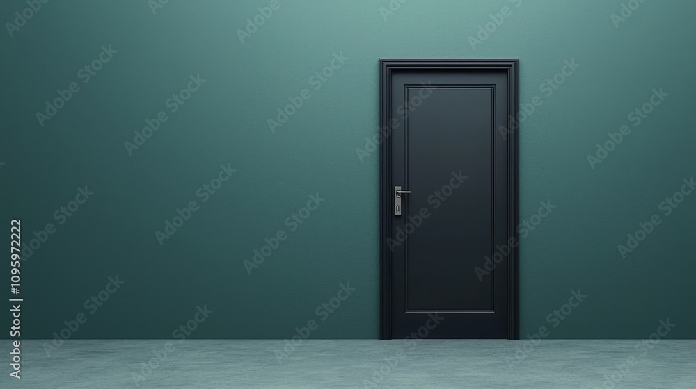 Anti tracking security concept. A minimalist black door stands against a green wall, creating an elegant and modern aesthetic in a simple interior space. Anti tracking security concept. A minimalist black door stands against a green wall, creating an elegant and modern aesthetic in a simple interior space.