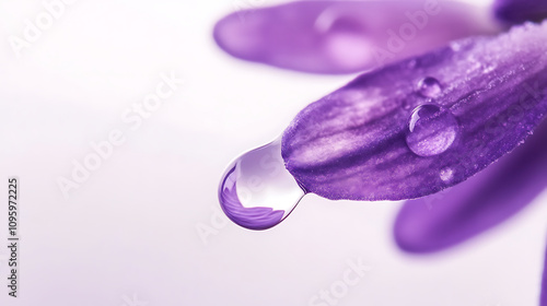 macro shot of lavender flower showcasing delicate drop of water on its petal, highlighting beauty and intricacy of nature. soft colors evoke sense of tranquility and freshness