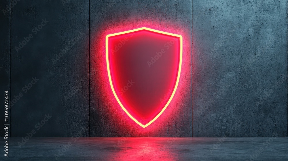 Anti tracking security concept. A glowing red neon shield symbol on a dark textured wall, representing protection and security. Anti tracking security concept. A glowing red neon shield symbol on a dark textured wall, representing protection and security.