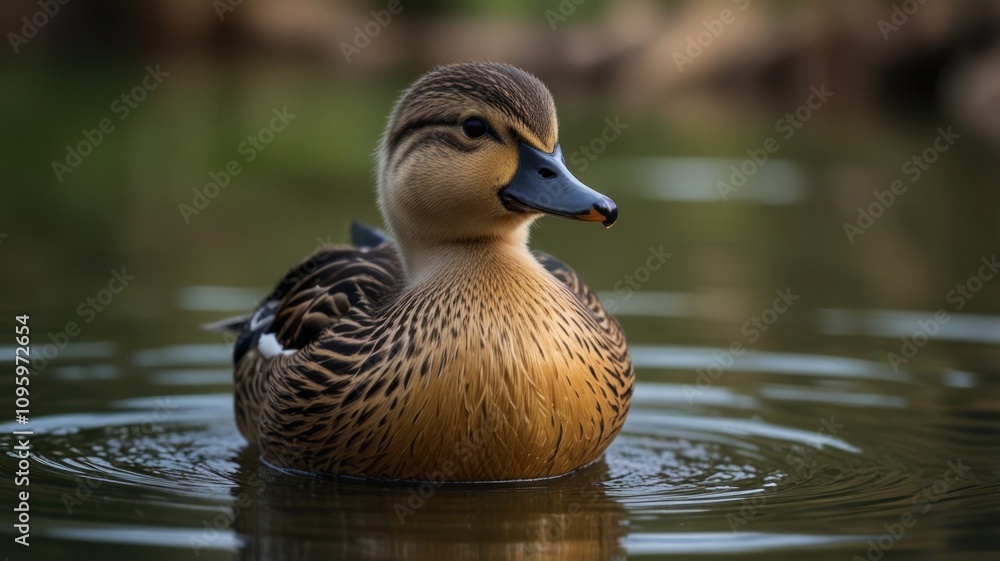 Female duck swimming in calm water, close-up. Female duck swimming in calm water, close-up.