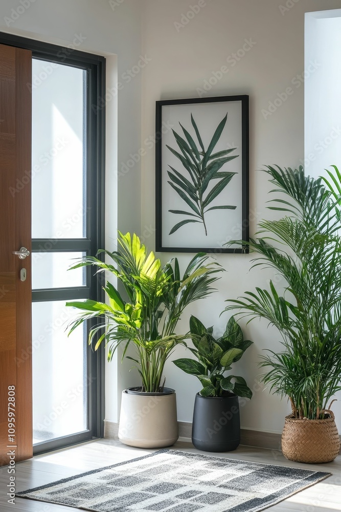 Bright entryway, potted plants, framed botanical print. Bright entryway, potted plants, framed botanical print.