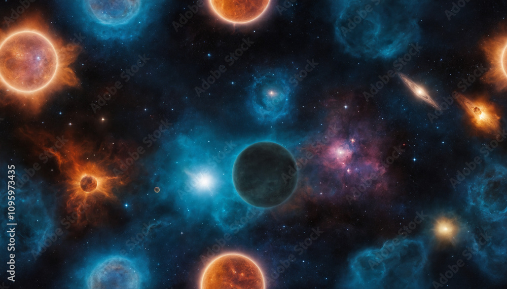 A cosmic scene with multiple planets, stars, and nebulae. A cosmic scene with multiple planets, stars, and nebulae.