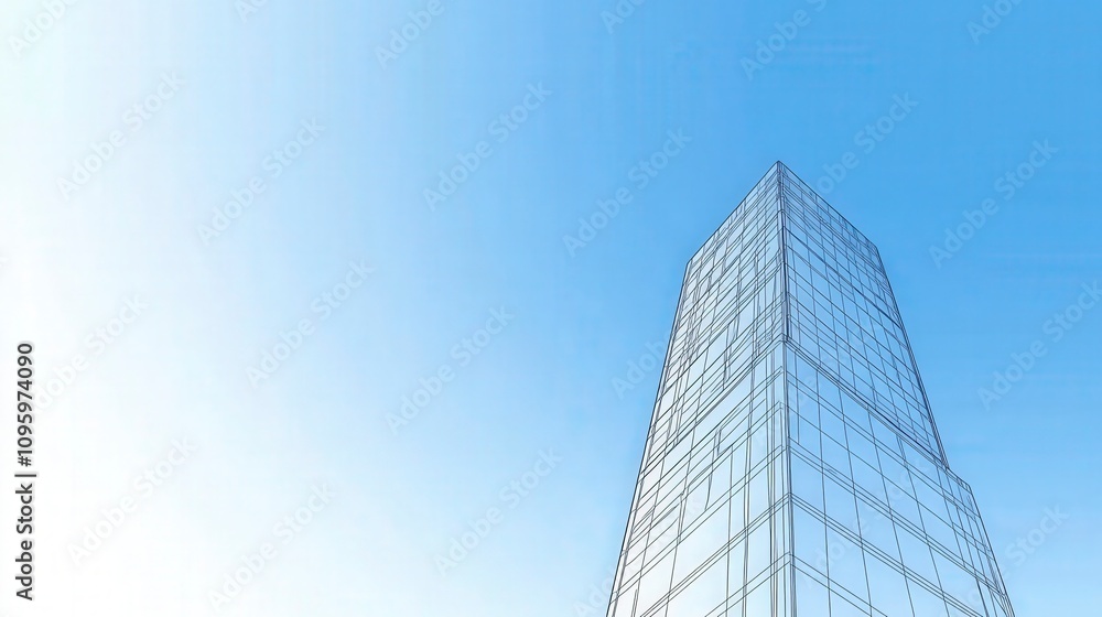 Obraz premium Modern architectural design featuring a high-rise building against a clear blue sky with gradient lighting, showcasing innovation and urban development in a contemporary cityscape.