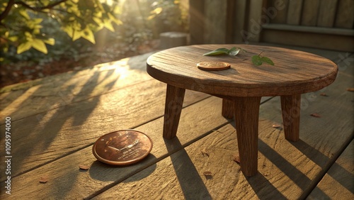 â€¢ Morning light casts a warm glow on a small, rustic wooden table, where a single, shiny copper penny takes center stage, surrounded by subtle shadows and textures. photo