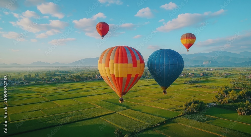 Obraz premium Vibrant Hot Air Balloons Soaring Above Lush Green Fields Under a Clear Blue Sky with Gentle Clouds Enhancing the Scenic Landscape in the Background